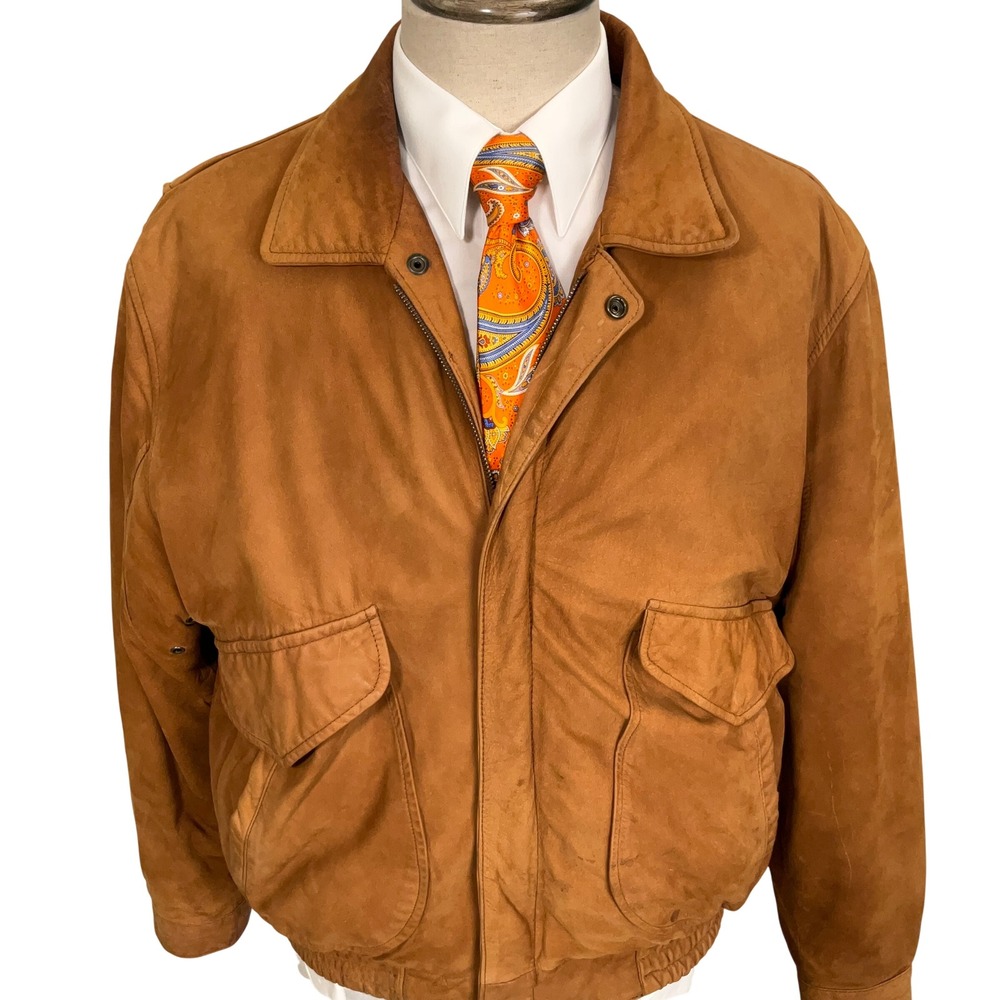 Hunt Club Leather Bomber Jacket Mens L 42-44 Tan Aviator Paisley Lined 90s VTG